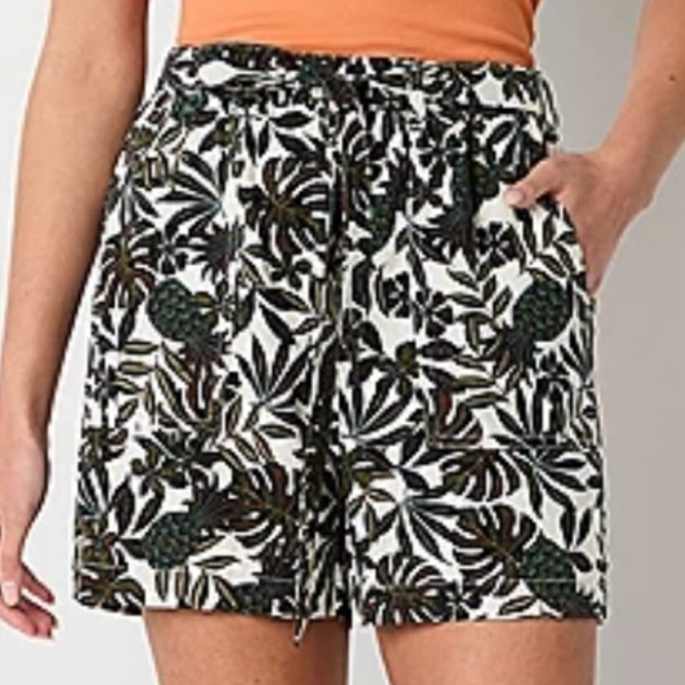 a.n.a. Linen Blend Womens High Rise Pull-On Belted Palm Print Shorts Size 2X NWT